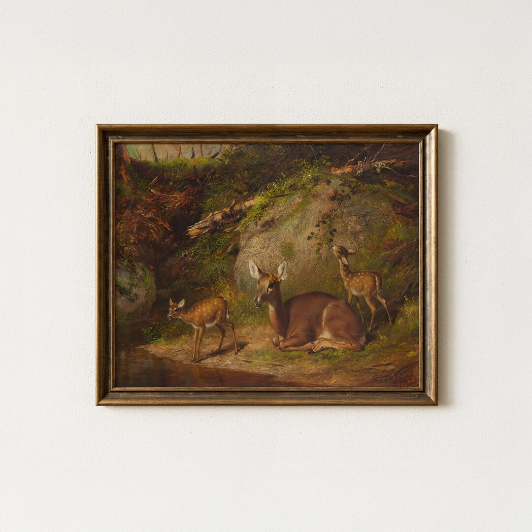 Vintage Deer Family Painting | Antique Woodland Wall Art | Rustic ...