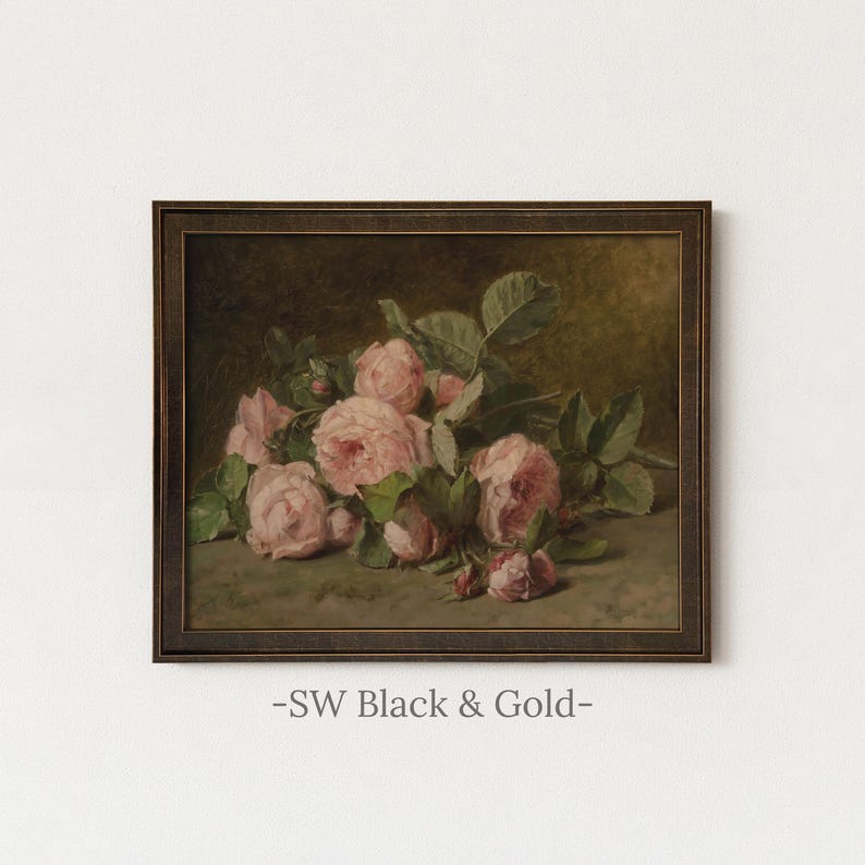 Vintage Pink Roses Painting | Floral Still Life Wall Art | Romantic Botanical Home Decor | Rustic Flower Still Life Print | Framed Art SW Black Gold
