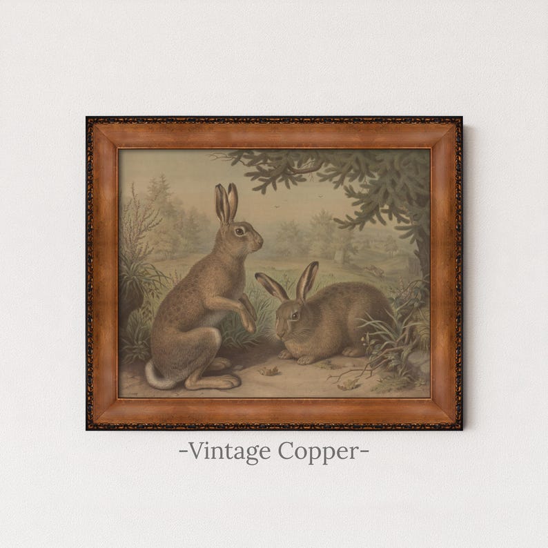 Rustic Rabbit Painting | Vintage Bunny Wall Decor | Antique Woodland Hare Artwork | Mailed Print Vintage Copper