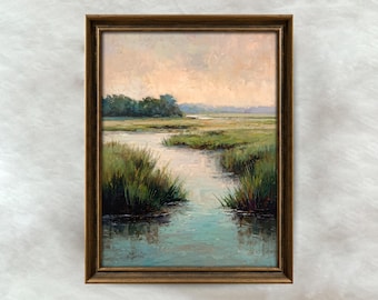 Rustic Marsh Landscape Painting | Antique Marshland Wall Art | Countryside Nature Home Decor | Mailed Print