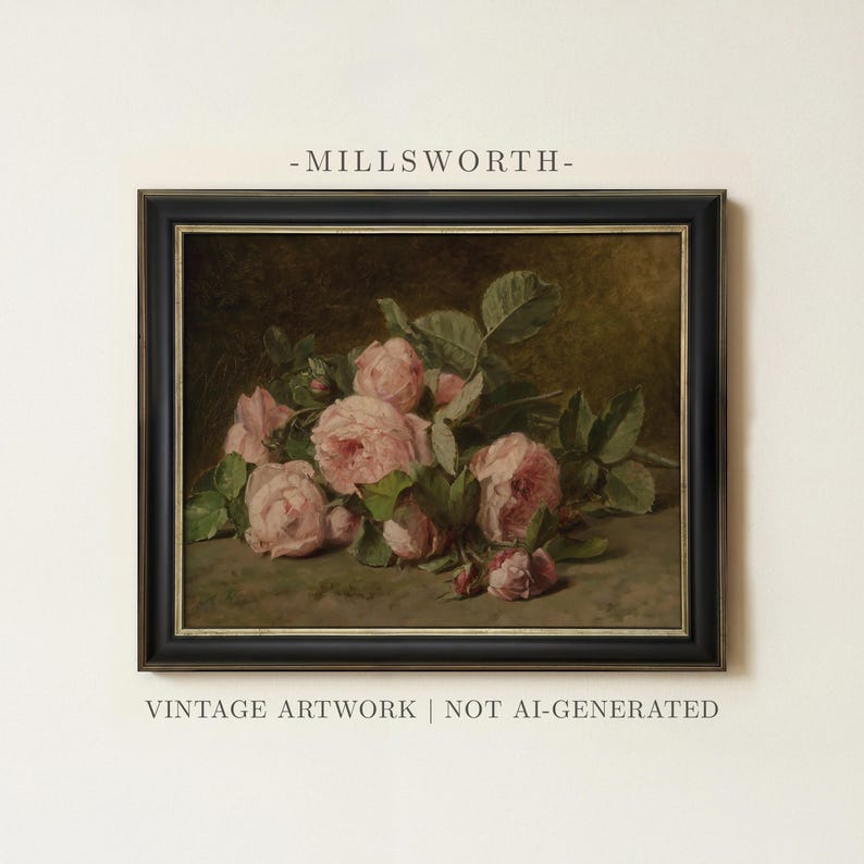 Vintage Pink Roses Painting | Floral Still Life Wall Art | Romantic Botanical Home Decor | Rustic Flower Still Life Print | Framed Art image 1