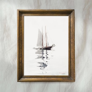 Vintage Watercolor Sailboat Painting | Coastal Nautical Wall Art | Muted Seascape Ocean Decor | Mailed Print