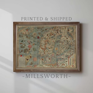 Mailed Print | 1527-1539 Scandinavian Sea Map | Carta Marina by Olaus Magnus | Nordic Nautical Art | Historic Wall Decor | Framed Art