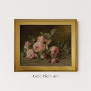Vintage Pink Roses Painting | Floral Still Life Wall Art | Romantic Botanical Home Decor | Rustic Flower Still Life Print | Framed Art Gold Plein Air