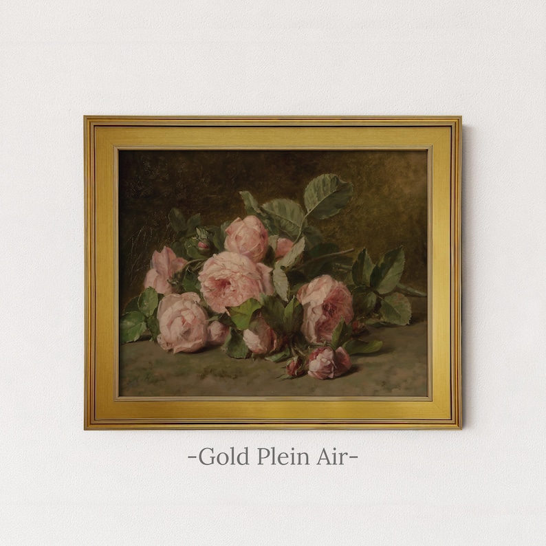 Vintage Pink Roses Painting | Floral Still Life Wall Art | Romantic Botanical Home Decor | Rustic Flower Still Life Print | Framed Art Gold Plein Air
