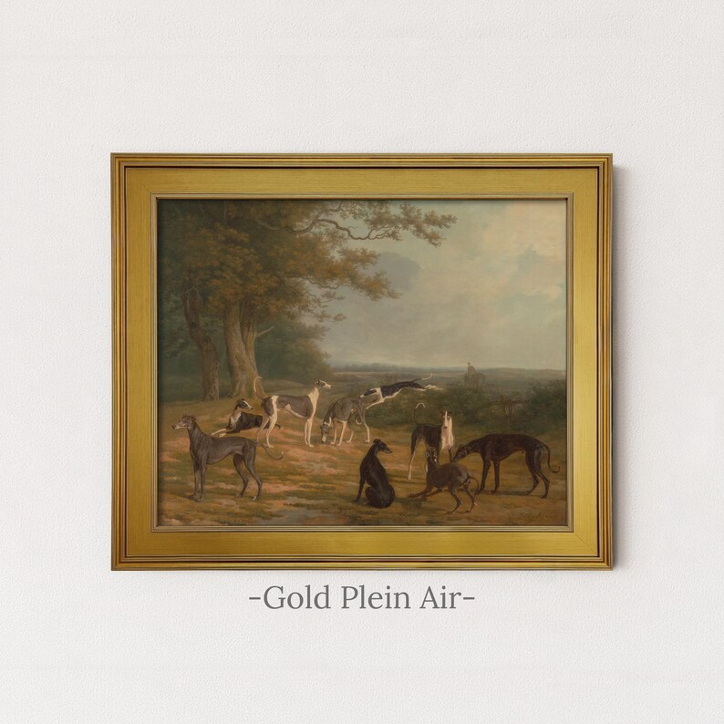 Vintage Greyhound Dog Painting | Antique Animal Artwork | Rustic Farmhouse Wall Decor | Framed Art Gold Plein Air