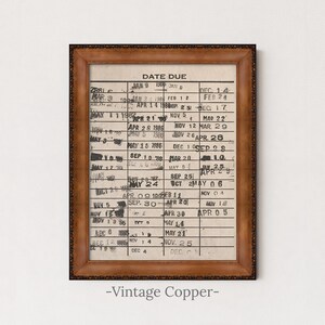 Vintage Library Card Artwork | Retro Book Due Date Print | Antique Library Wall Decor | Cozy Reading Nook Book Lover Wall Print | Framed Art Vintage Copper