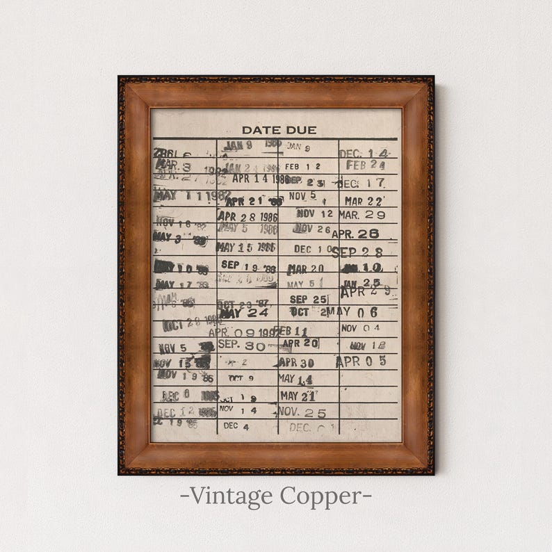 Vintage Library Card Artwork | Retro Book Due Date Print | Antique Library Wall Decor | Cozy Reading Nook Book Lover Wall Print | Framed Art Vintage Copper