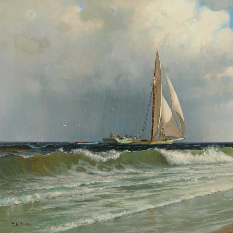 Vintage Coastal Sailboat Painting | Seascape Ocean Artwork | Rustic Nautical Beach Decor | Mailed Print image 4