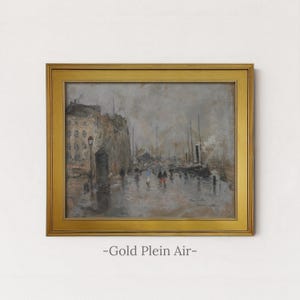 Vintage Rainy City Painting | Antique Street Scene Artwork | Rustic Gray Urban Decor | Framed Art Gold Plein Air