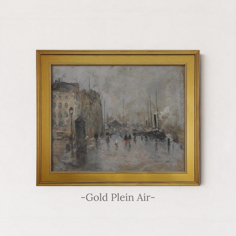 Vintage Rainy City Painting | Antique Street Scene Artwork | Rustic Gray Urban Decor | Framed Art Gold Plein Air