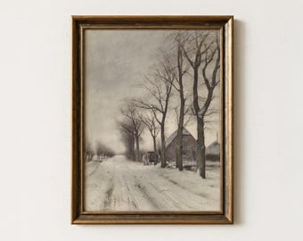 Vintage Winter Landscape Painting | Snowy Farmhouse Wall Art | Moody Countryside Decor | Mailed Print