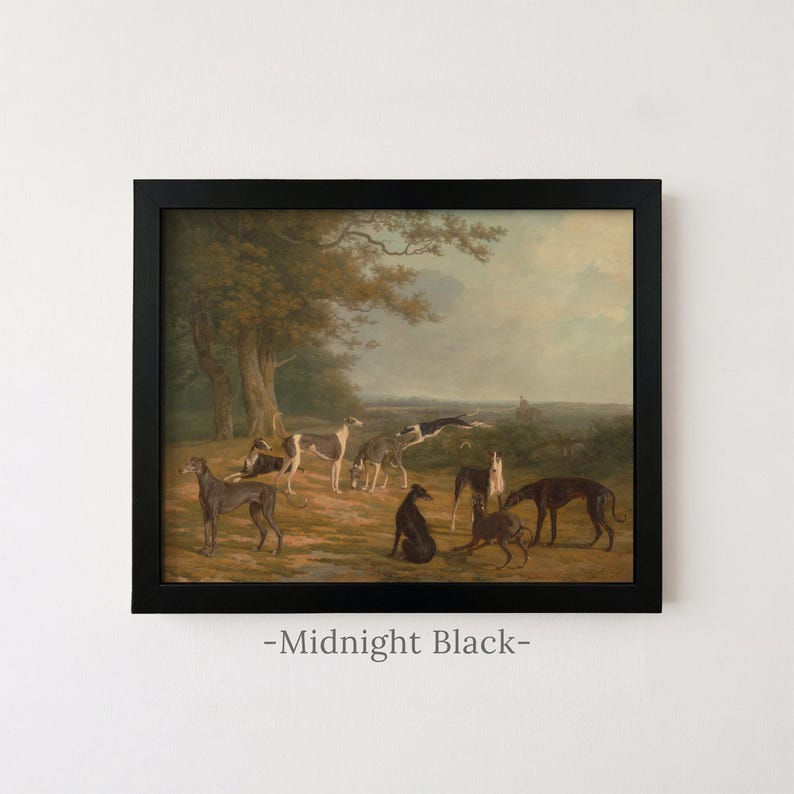 May include: A framed landscape painting featuring a group of greyhounds in a field with trees and a cloudy sky. The artwork is enclosed in a simple black frame. Below the frame, the text -Midnight Black- is printed on the white wall surface.