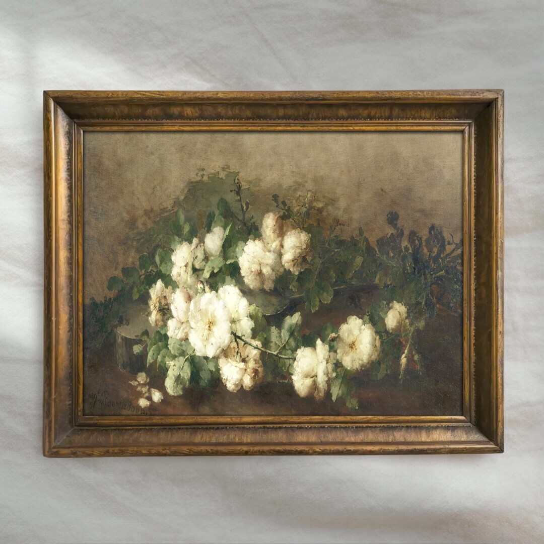 Antique White Roses Oil Painting | Vintage Still Life Flower Decor ...