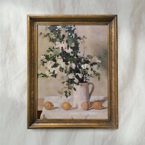 Flowers and Lemons Painting | Vintage Still Life Wall Art | Rustic Farmhouse Kitchen Decor | Mailed Print