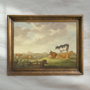 Vintage Cow Farm Painting | Antique Country Landscape Artwork | Rustic Cattle Meadow Decor | Mailed Print