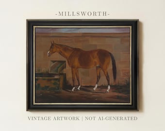 Vintage Brown Horse Painting | Antique Equestrian Wall Art | Stable Farm Home Decor | Framed Art