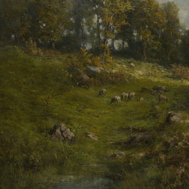 Vintage Sheep Landscape Painting | Antique Farmhouse Wall Art | Rustic ...