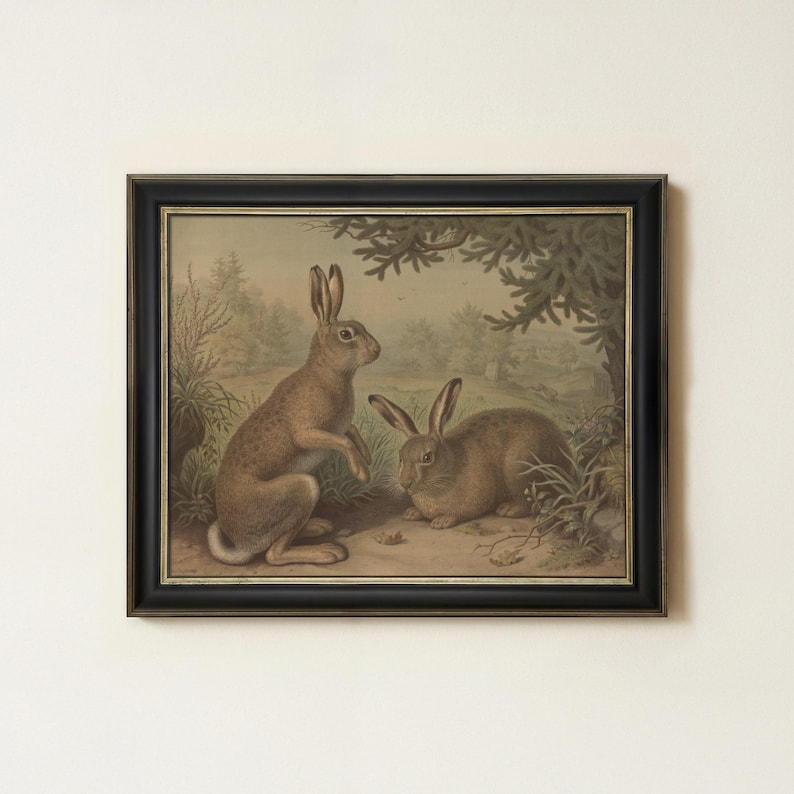 Rustic Rabbit Painting | Vintage Bunny Wall Decor | Antique Woodland Hare Artwork | Mailed Print image 1