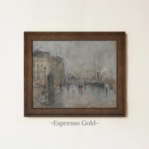 Vintage Rainy City Painting | Antique Street Scene Artwork | Rustic Gray Urban Decor | Framed Art Espresso Gold
