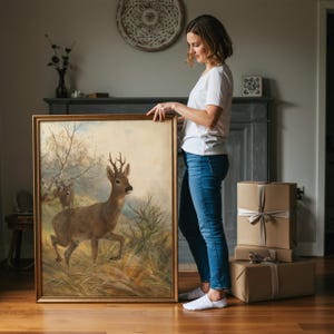 May include: A large rectangular framed oil painting depicting two deer in a grassy field with trees in the background. The primary deer is in the foreground, facing right, with antlers visible. The painting is encased in a simple gold-toned frame.