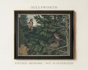 May include: A framed landscape painting titled MILLSWORTH featuring two brown speckled birds in a pine tree, one perched on a branch and the other standing by a nest containing small eggs. The artwork is enclosed in a dark frame.