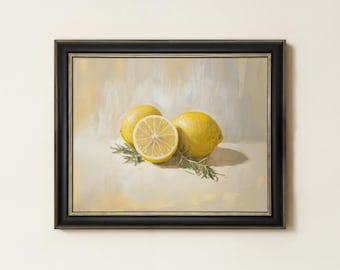 Vintage Lemon Still Life Painting | Country Kitchen Wall Art | Farmhouse Fruit Home Decor | Framed Art
