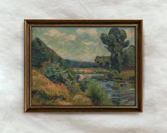 Vintage Countryside River Painting | Rustic Landscape Wall Art | Antique Farmhouse Wall Decor | Moody Meadow Nature Artwork | Mailed Print