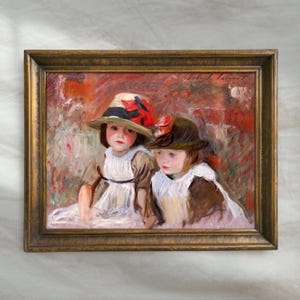 Girls Portrait Painting | Vintage Sisters Wall Art | Village Children 1890 Artwork Decor | Mailed Print