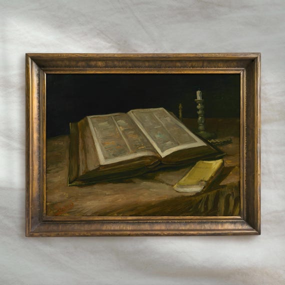 Vintage Bible Still Life Painting | Antique Religious Wall Decor | Rustic Spiritual Artwork | Mailed Print