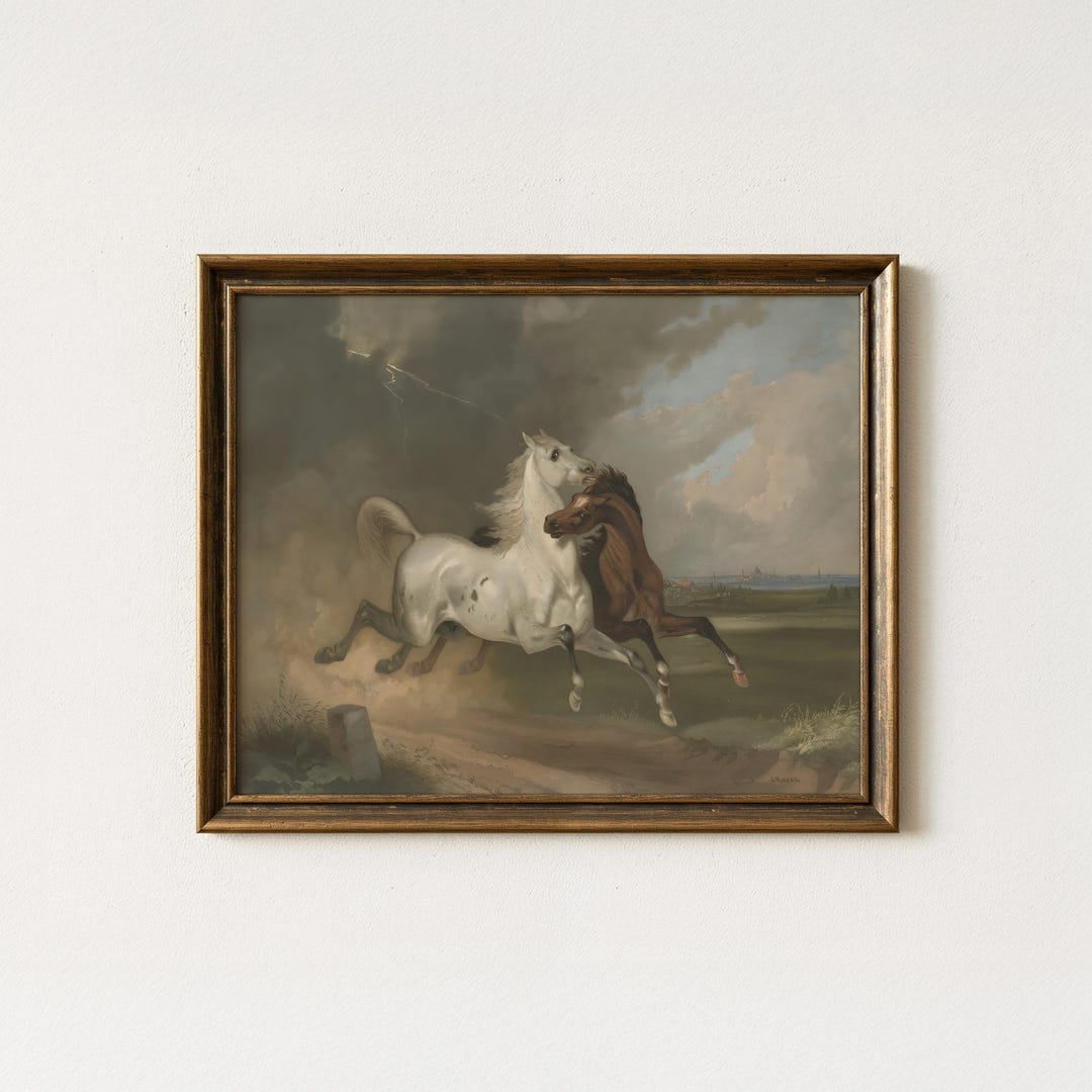 Vintage Horse Painting | Antique Equestrian Artwork | Rustic Landscape ...