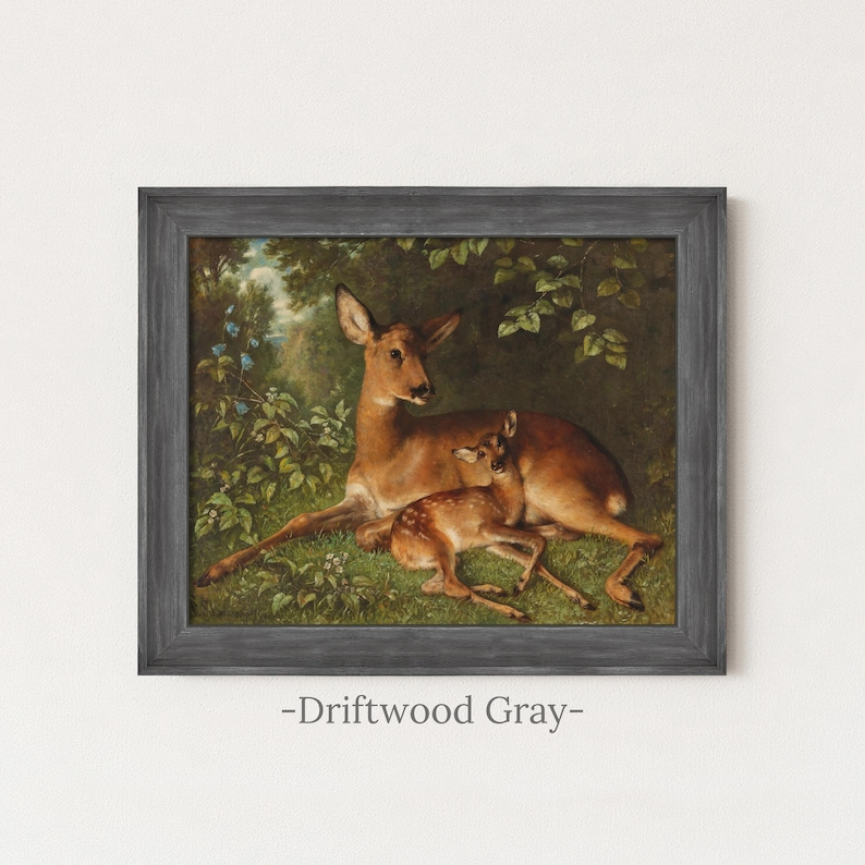 Antique Deer Painting | Rustic Wildlife Wall Decor | Vintage Woodland Fawn Artwork | Framed Art Driftwood Gray