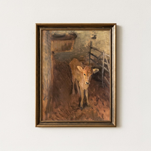 Vintage Calf in Stable Painting | Antique Farmhouse Animal Artwork | Classic Farm Wall Art | Mailed Print