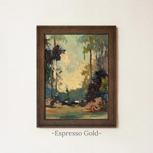 Vintage Woodland Painting | Rustic Landscape Forest Wall Art | Antique Cottagecore Artwork | Framed Art Espresso Gold