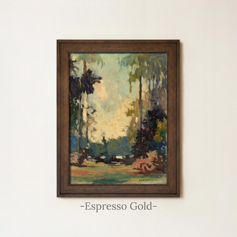 Vintage Woodland Painting | Rustic Landscape Forest Wall Art | Antique Cottagecore Artwork | Framed Art Espresso Gold