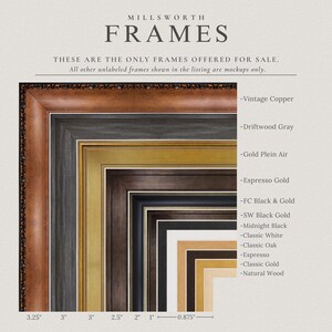 The image is a collage of various framed artworks, each with different colors and styles, showcasing a range of options for customers to choose from.