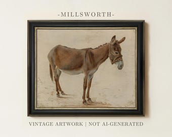 Vintage Donkey Oil Painting | Antique Farm Animal Artwork | Rustic Farmhouse Wall Decor | Framed Art