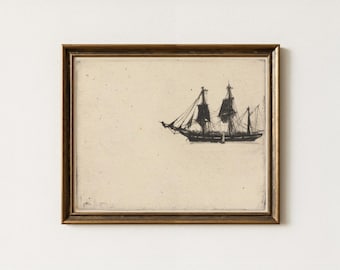 Vintage Sailing Ship Drawing | Rustic Nautical Coastal Wall Art | Antique Boat Sketch Artwork | Mailed Print