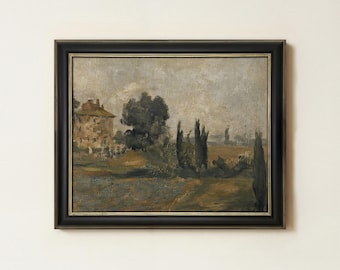 Vintage Countryside Landscape Oil Painting | Antique French Artwork | Moody Rustic Farmhouse Decor | Nature Country Wall Art | Framed Art