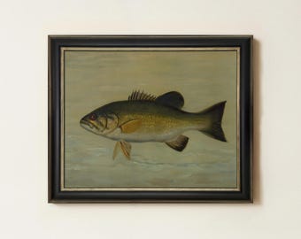 Vintage Bass Oil Painting | Antique Fishing Artwork | Lake House Fish Wall Decor | Mailed Print