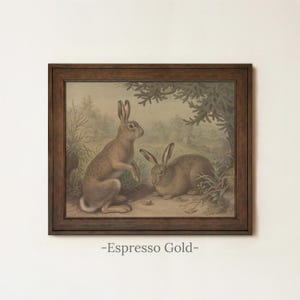 Rustic Rabbit Painting | Vintage Bunny Wall Decor | Antique Woodland Hare Artwork | Mailed Print Espresso Gold
