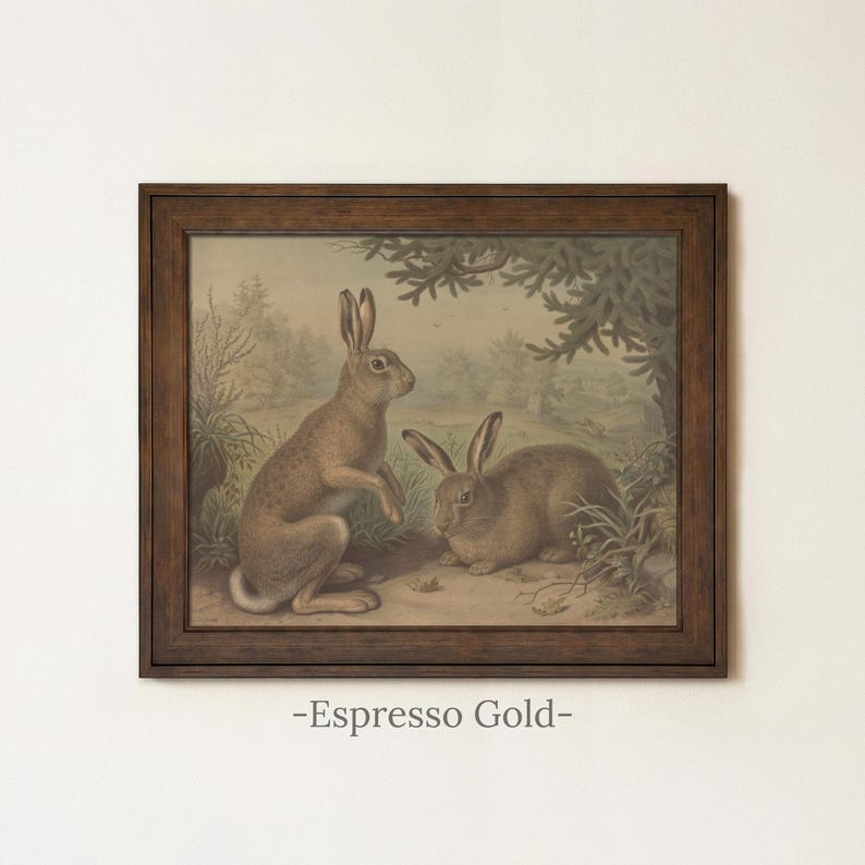 Rustic Rabbit Painting | Vintage Bunny Wall Decor | Antique Woodland Hare Artwork | Mailed Print Espresso Gold