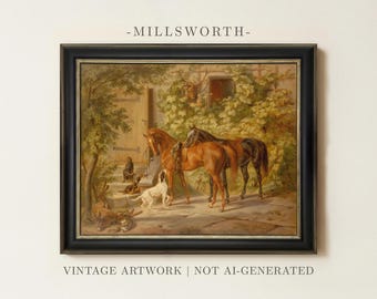 May include: A framed oil painting titled MILLSWORTH featuring a brown horse and a black horse standing near a stone building with climbing vines. A white dog stands near the horses, while other dogs rest on stone steps. Text reads VINTAGE ARTWORK | NOT AI-GENERATED.