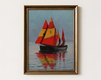 Vintage Sailboat Painting | Coastal Seascape Boat Artwork | Antique Ocean Wall Art  | Mailed Print