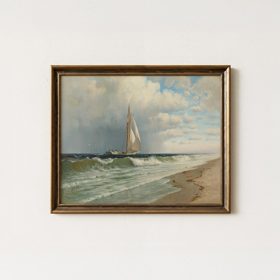 Vintage Coastal Sailboat Painting | Seascape Ocean Artwork | Rustic Nautical Beach Decor | Mailed Print