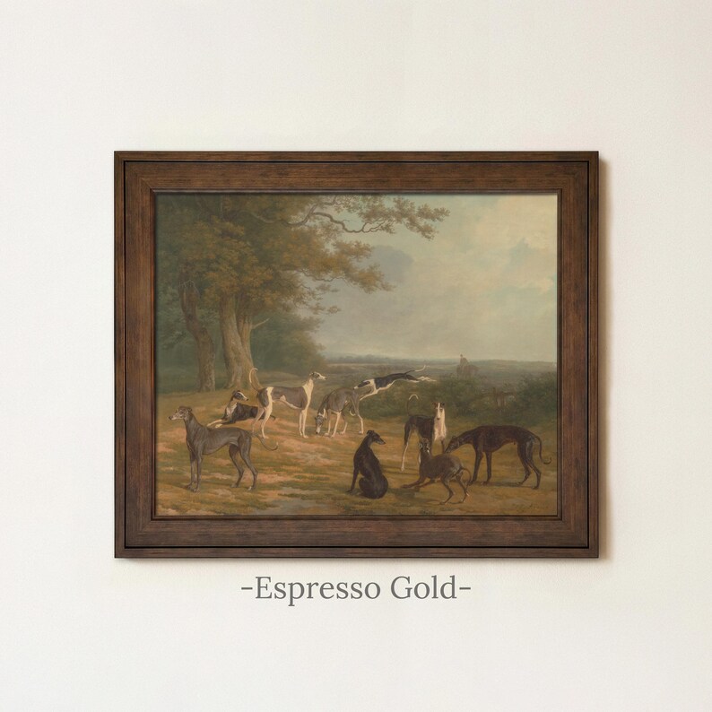 Vintage Greyhound Dog Painting | Antique Animal Artwork | Rustic Farmhouse Wall Decor | Framed Art Espresso Gold