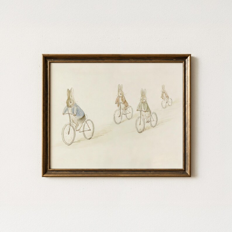 Vintage Bunnies on Bikes | Peter Rabbit Style Nursery Art | Baby Room ...