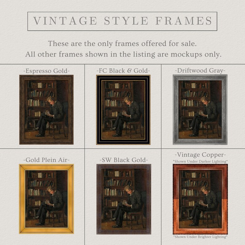 May include: Image showcasing six vintage-style frames in various colors: Espresso Gold, FC Black & Gold, Driftwood Gray, Gold Plein Air, SW Black Gold, and Vintage Copper. Each frame contains a painting of a person reading in a library. Text at the top reads "VINTAGE STYLE FRAMES."