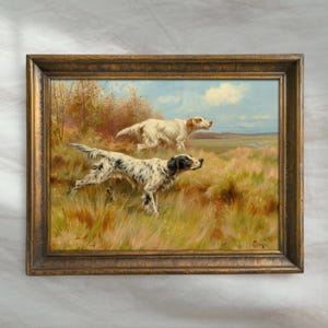 Vintage Dogs Landscape Painting | Antique Hunting Dog Artwork | Rustic Cottage Farmhouse Decor | Mailed Print