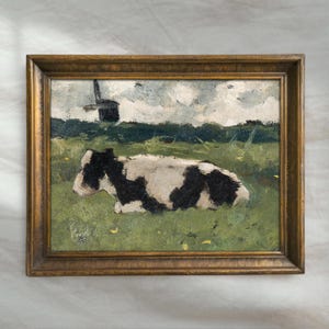 Vintage Cow Oil Painting | Country Meadow Landscape Decor | Antique Farmhouse Cattle Artwork | Mailed Print